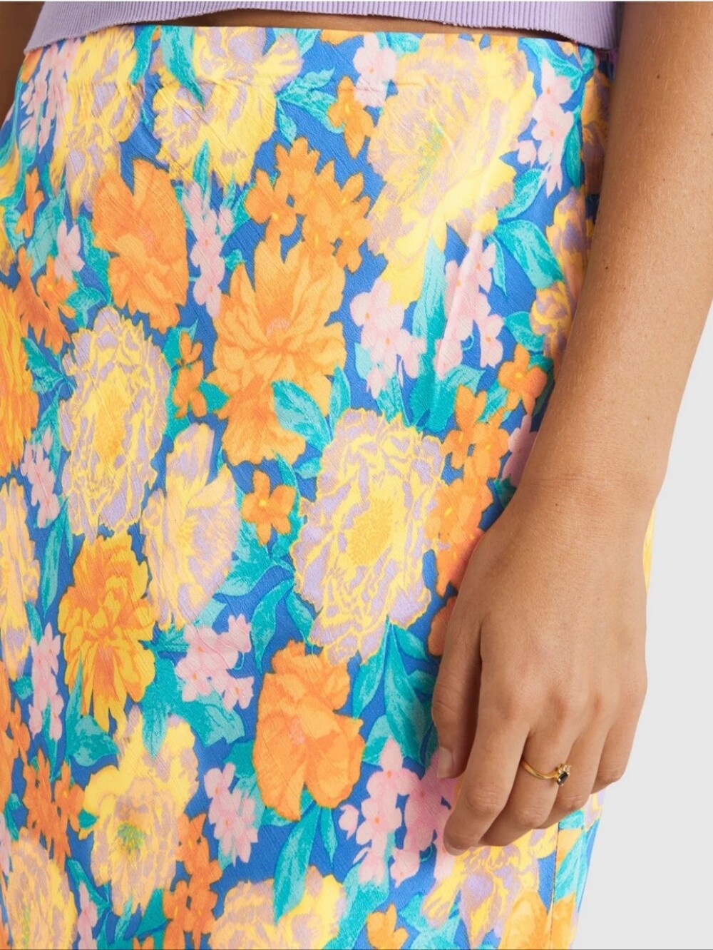 Billabong Summer Floral Viscose Midi Skirt in Blue and Mustard - Picture 3 of 13